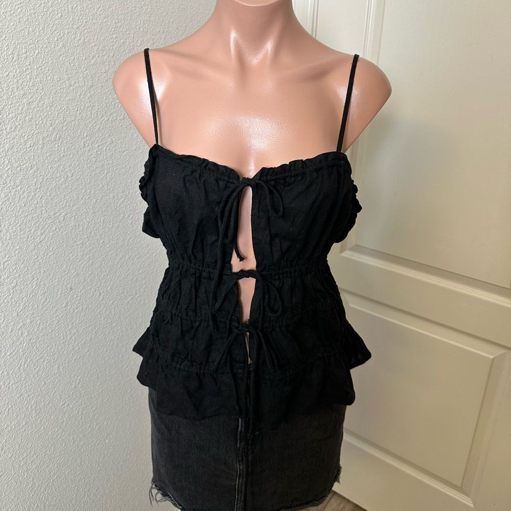 NWT H&M Black Linen Blend Cami Tie Up Top Sz M
